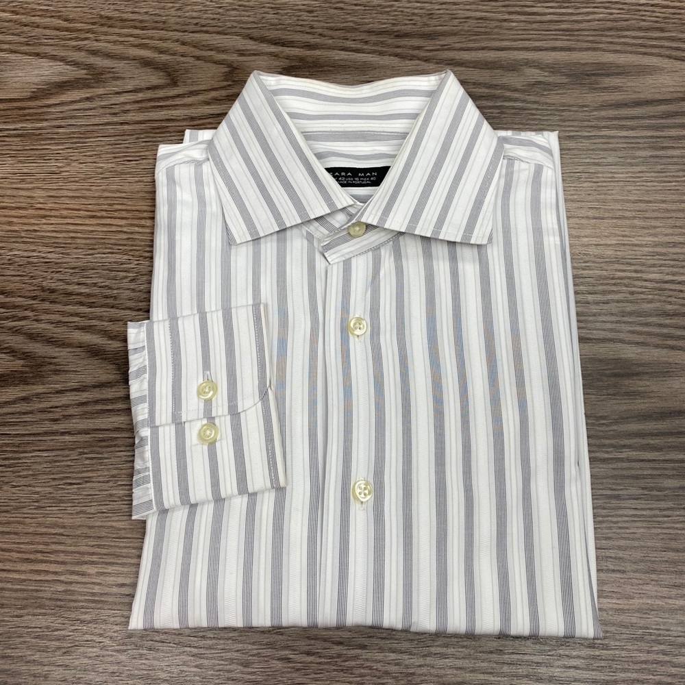 Zara Man White w/ Brown & Grey Stripe Shirt 16